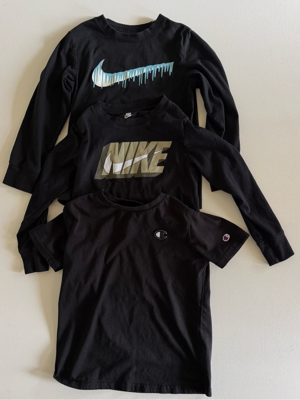 ✨Nike Kids Black Long-Sleeve Tees with Gold and Teal Logos/ Champion Tee Bundle✨